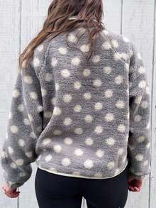 Womens Fall Winter Fleece Jacket Dot Pattern Long Sleeve Lapel Button Down Sherpa Coat - Gris - Ver 4