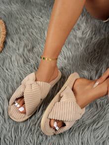 Women's Casual Fabric Criss-Cross Slippers, Comfortable Home Wear, Autumn/Winter,Fluffy Slippers