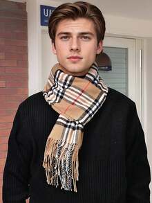 经典格子围巾，百搭男友礼物，高品质双面保暖围巾，男女皆宜，适合秋冬季节，可作围脖、毯子使用 - 米色 - 查看 5