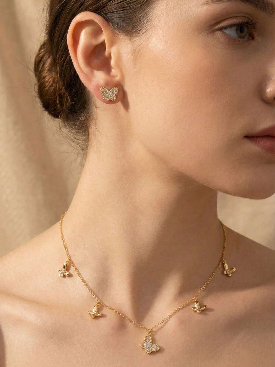 1 طقم مجوهرات أنيق فاخر بتصميم فراشة من الزركونيا المكعبة، مناسب لحفلات الزفاف والسهرات للنساء، يشمل 1 زوج من الأقراط و1 قلادة، لا يشمل علبة هدية