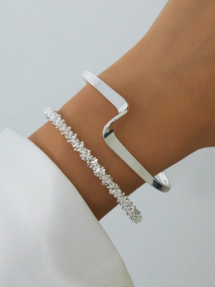 1 Set Of 2 Elegant Silver Geometric Bangle Bracelets, Versatile Women Silver Jewelry - Silver - View 1