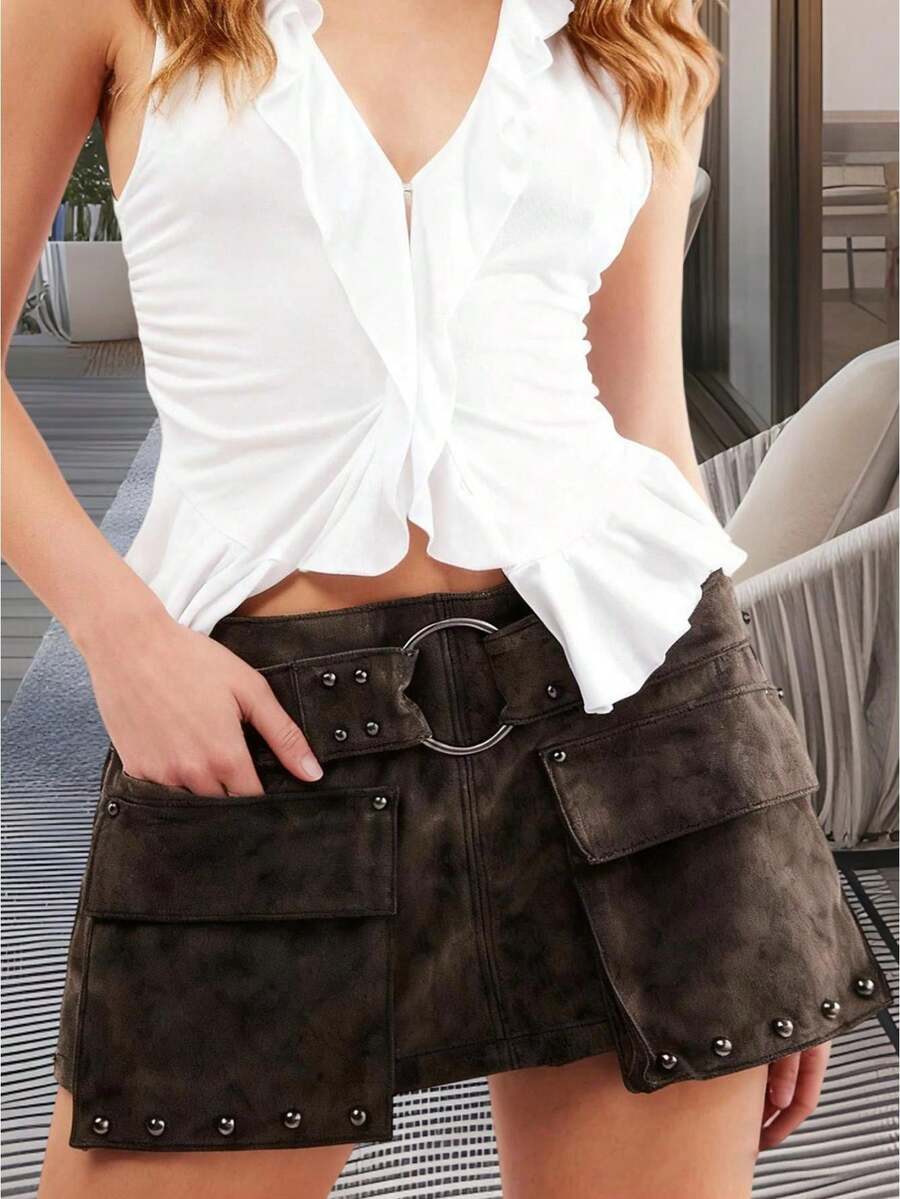Distressed Faux Suede Cargo Mini Skirt With Oversized O-Ring Belt  Stud Accents Faldas De Mujer Valentine's Day - 黑色 - 查看 1