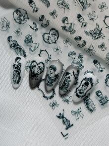 A Retro Dark Nail Sticker With Relief Texture Design, Gothic Baroque Style, Featuring Classical Portraits, Bows, Carved Picture Frames And Other Patterns, Suitable For Personal DIY And Creating Dark And Exquisite Nail Art Nails Nail Supplies - Black - View 8