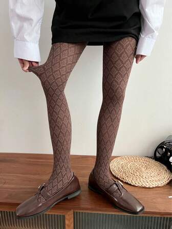 1双复古花卉图案不透明白色紧身裤袜，提花针织，加厚无脚袜，女士款