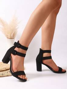 New Comfortable Minimalist Sexy Strap Roman Open Toe Chunky Heel Breathable Lining Women Sandals - Black - View 8