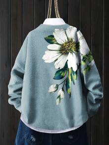 女士轻薄印花毛衣 - 多色花朵图案，休闲圆领长袖上衣，适合所有季节，叠穿设计，色彩鲜艳 - 淺藍色 - 查看 2