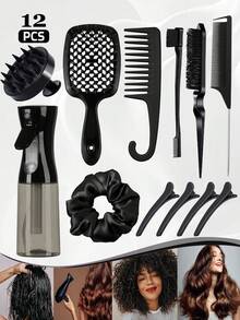 12 Pcs Hair Brush Set For Women, 200ML Transparent Spray Bottle, 3 Pieces Slick Back Hair Brushes For Toddlers, Soft Scalp Massager, Detangling Hairbrush For Wet Dry Curly Hair Detangling, Wide Tooth Combs