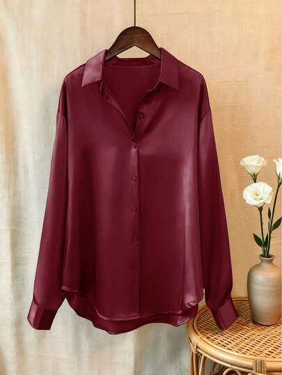 Elegant Women's Vintage Loose Fit Long Sleeve Satin Blouse, Versatile Plus Size Shirt For Spring & Autumn