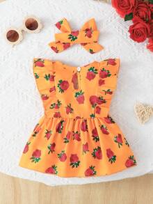 Baby Floral Rose Print Dress With Headband Set - Orange - View 3