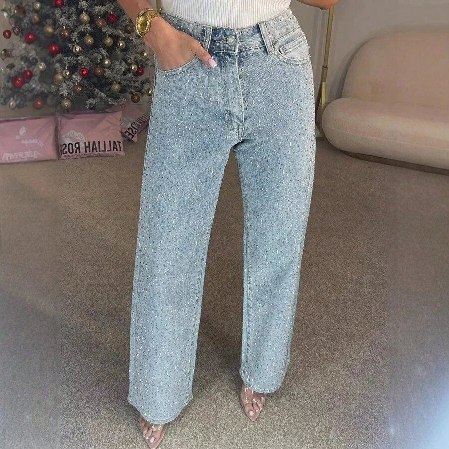 [Fashionable Beaded Jeans] Women's Fashionable Street Style Beaded Jeans| Unique Beaded Design, Classic Diagonal Pocket, Zipper Closure, Straight Pants - A Pair Of Jeans With Bright Charm - 淺藍色 - 查看 1