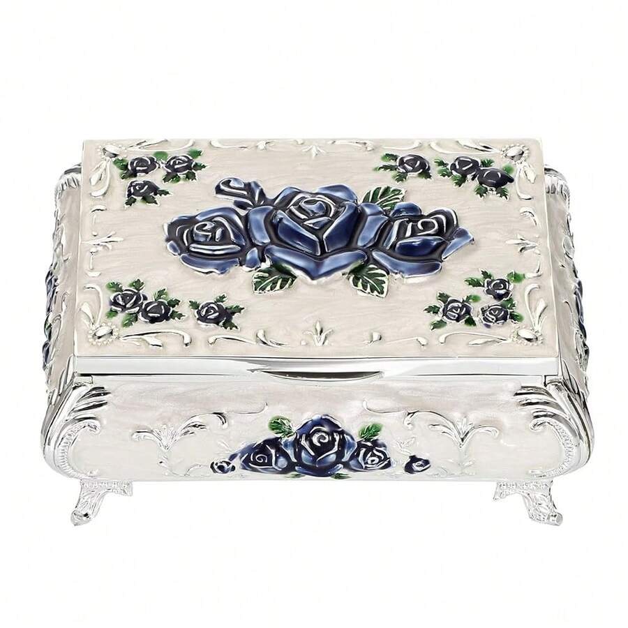 Hipiwe Vintage Metal Jewelry Box Small Treasure Chest Case Trinket Organizer Earrings Necklace Bracelet Storage Box Ring Box Holder Keepsake Box For Women,Small,White - White - 查看 1