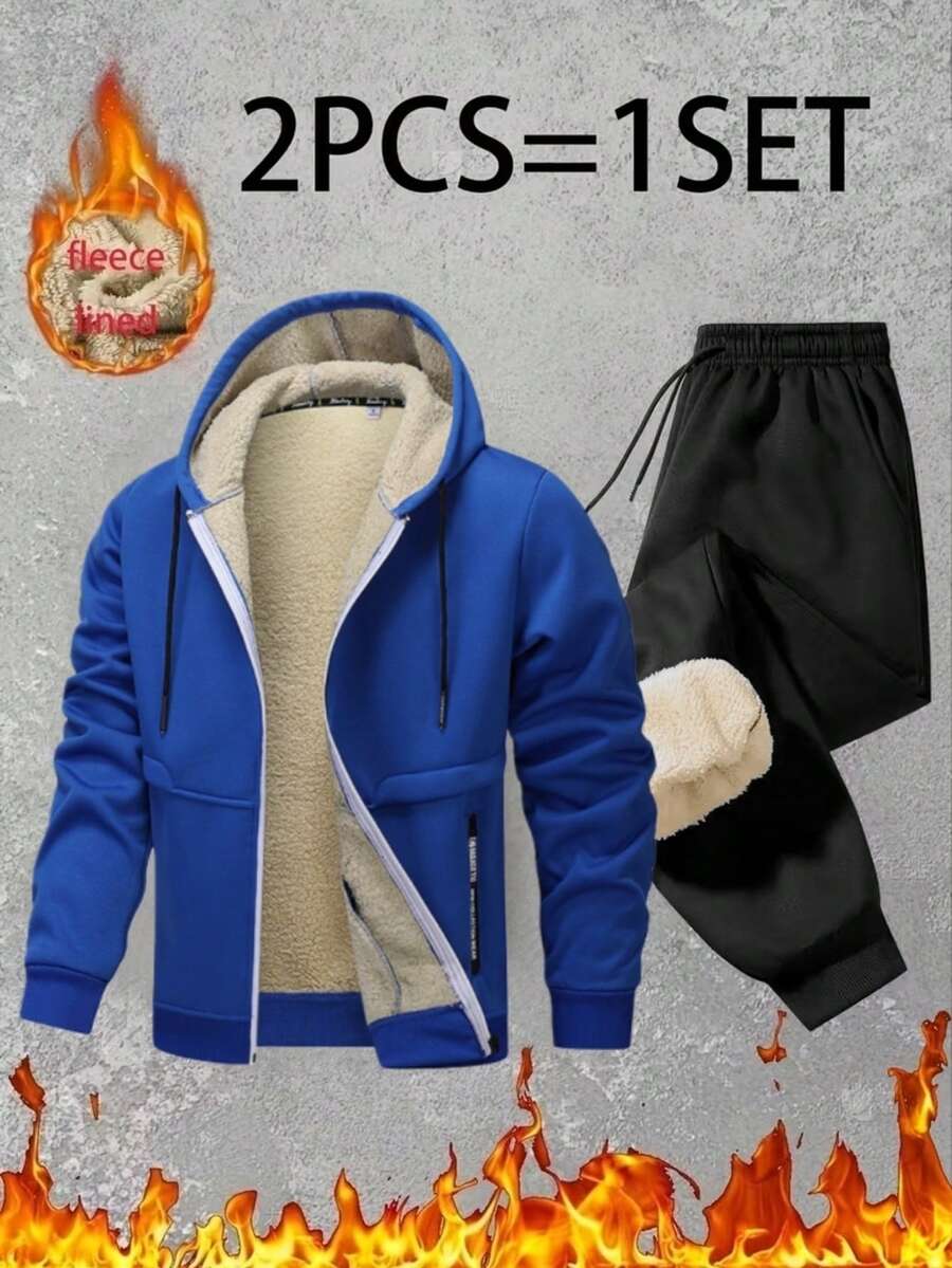 2pcs Men's Outdoor Hooded Sweatsuit, Thermal Lined Thick Hoodie + Elastic Waist Sweatpants, Casual Versatile Outfit - Multicolor - View 1