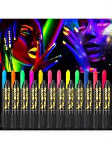 6支夜光蜡笔，色彩鲜艳，在紫外光下会发光，适用于人体和面部彩绘，新年/化妆舞会/节日/万圣节/迪斯科妆容；另附10支万圣节服装、节日艺术绘画用染发粉笔。 - 彩色 - 查看 20