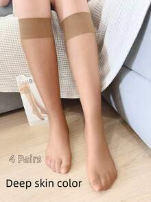 4 Pairs Women Nude Color Mid-Calf Socks, Semi-Sheer Stockings, Versatile For Daily Wear, Cozy - Apricot - View 7
