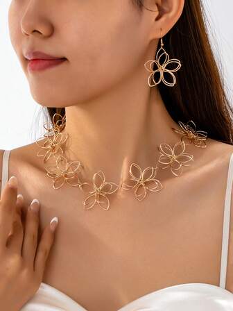 3pcs/Set Elegant Floral Double Layer Necklace & Earrings Set, Suitable For Women's Daily Wear Or Party