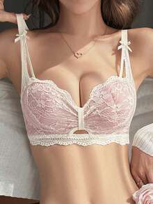 Women's Pink New Sexy Lace Bra, Lift-Up, Anti-Sagging, Hollow-Out, Push-Up, Padded, Racerback Underwire Bra [For Petite Bust] - Pink - View 1