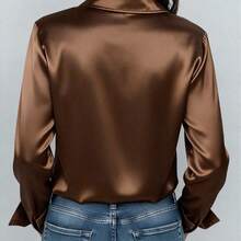 Women's Satin Shirt, Business Casual Button-Down Blouse With Notch Lapel, Elegant Office & Lounge Top For Fall Winter Spring - màu đen - Xem 3