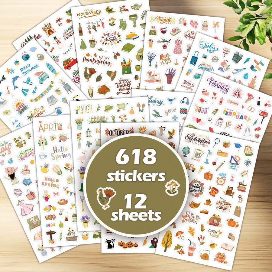 12pcs/Set Monthly Planner Stickers, Colorful Holiday Seasonal Stickers For Calendar, Diary, Gifts - Monthly Celebration Stickers - 12 Holiday Monthly Planning Stickers - View 1