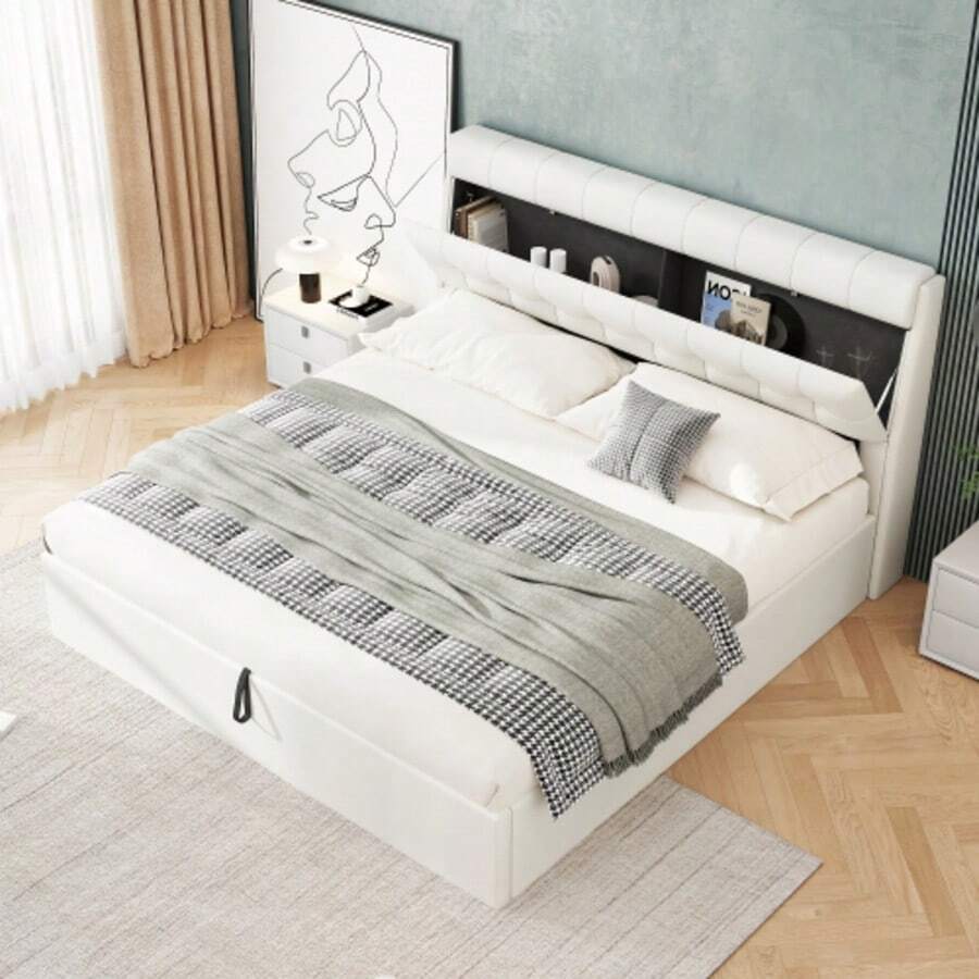 Stilvolles Polsterbett, 160*200, Bett hidráulico, verdeckte Kopfteilablage, Bettkastenablage, PU, mit Lattenrost und mit Kopfteil, ohne Matratze,Weiß - Blanco - Ver 1