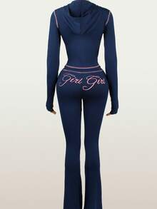 Fall Street Lounge Women's Valentine's Day Printed Zip-Up Jumpsuit Set, Long Sleeve Casual 2-Piece Outfit - Navy Blue - View 3