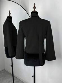 1 Stück Damen Einfarbige Gewebe Knopf Casual Pendler Jacke, geeignet für Büromode im Frühling und Herbst Schwarz - Schwarz - Übersicht 5
