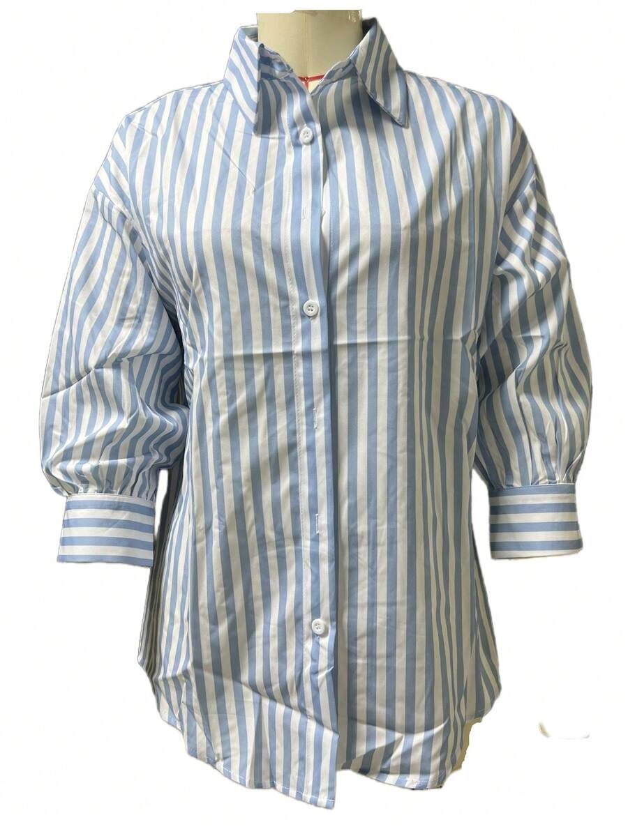 AuroraSilk Women's Striped Button Front Drop Shoulder Blouse, Casual Short Sleeve Shirt, Spring/Summer - Blue - View 1