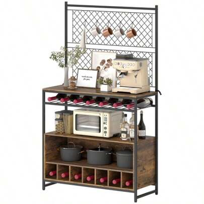 HOMCOM Kitchen Rack With Countertop, Metal Mesh Panels, 5 Hooks, Spice Cabinet, Pots And Pans, Brown