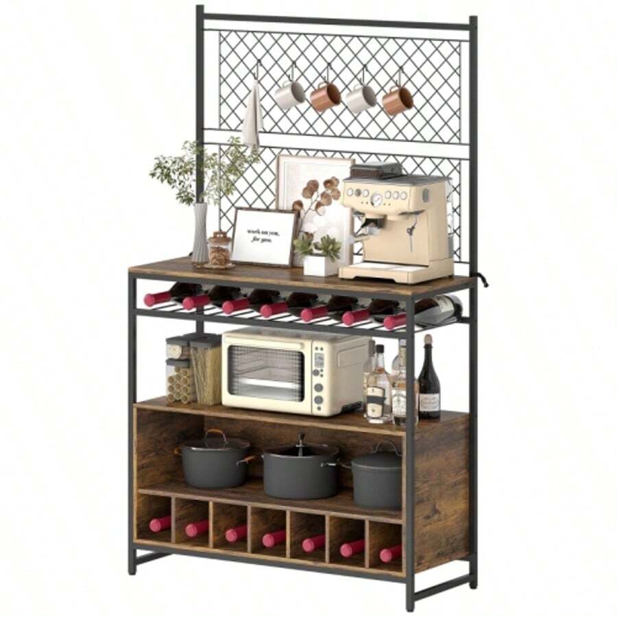HOMCOM Kitchen Rack With Countertop, Metal Mesh Panels, 5 Hooks, Spice Cabinet, Pots And Pans, Brown - Rust Brown - View 1
