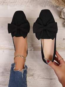 Black Square Toe Slip-On Shoes, Fashionable Bow Decor Loafers For Women, Spring/Autumn New Arrival, Casual Low Vamp Comfortable Shoes, Elegant Moccasins, Simple Style Flat Shoes For Office/Commute - Black - View 1