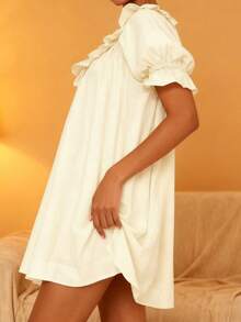 Casual Mini Dress for Maternity Women Loose Solid Ruffle Trim Scoop Neck Puff Sleeve Short Dress - Albaricoque - Ver 5