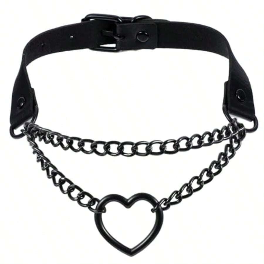 Choker Collar For Women Adjustable Heart Shape Goth Necklaces Black Leather Choker Necklace 80s Rave Punk Necklace For Halloween Cospaly Goth Accessories - 如圖 - 查看 1