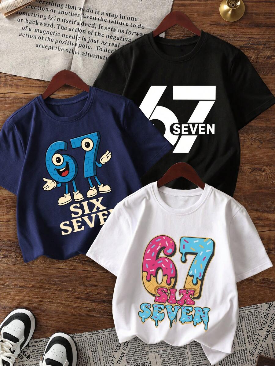 3件套男童“意大利大脑”图案印花圆领短袖T恤，时尚夏季上衣 - 黑色 - 查看 1