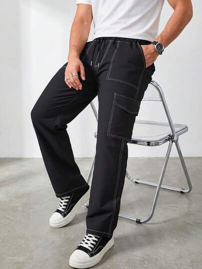 Men's Multi-Pocket Cargo Pants, Casual Loose Fit, Suitable For Beach, Vacation, Daily Commute, Sports, Outdoor, Fitness, Jogging And Other Occasions, Straight Leg Pants, Fashionable Streetwear