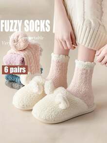 5 Pairs Women's Coral Fleece Contrast Color Comfortable Warm Sleep & Home Mid-Calf Socks, Autumn/Winter - Multicolor - View 3