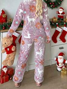 Setelan 2pcs Wanita Motif Natal: Sweatshirt & Celana, Bahan Fleece Hangat dengan Motif Cetak Seluruh Permukaan, Warna Merah, Nyaman & Romantis untuk Musim Gugur/Dingin - Merah - View 8