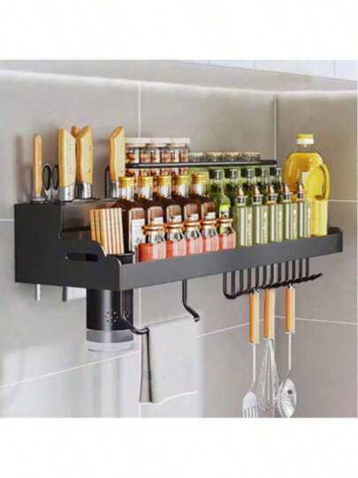 40/60cm Wandmontierter Gewürzregal für die Küche mit 6 Haken, Messerschlitz, Tassen-Halter & Handtuchstange Aufbewahrungsorganizer