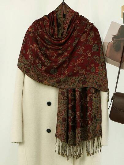 وشاح باشمينا للنساء قطعة واحدة، طراز بوهيمي ريترو بنقشة جاكارد بايزلي، محاكي لصوف الكشمير الطويل والمنسدل، مناسب للارتداء اليومي والسفر وهدايا رأس السنة في فصلي الخريف والشتاء