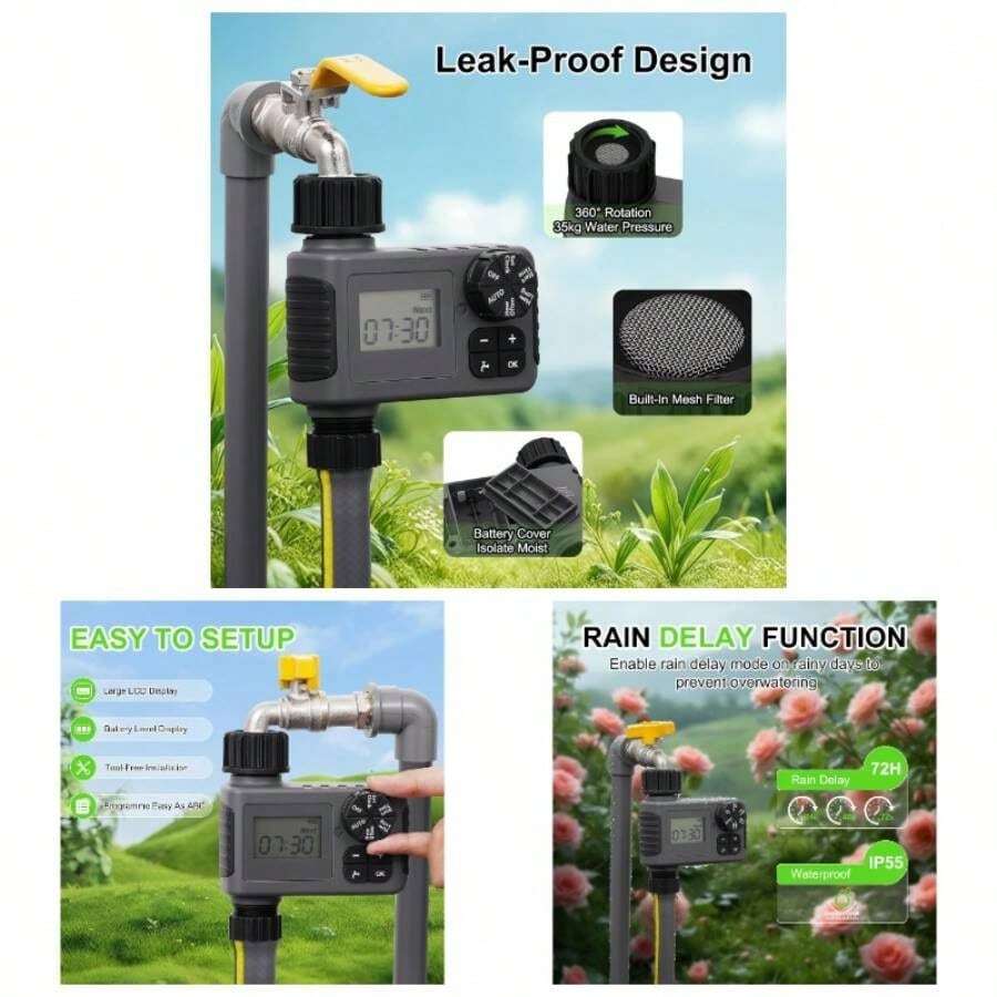 Temporizadores de rociador, temporizador de agua, temporizador programable de manguera de jardn con retardo de lluvia, sistema de riego manual y automtico, driver de riego digital impermeable para - negro, gris - Ver 1