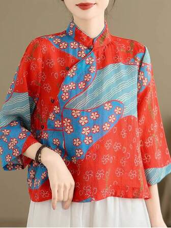 Authentic Design, Elegant Vintage-Inspired Tang Jacket - Traditional Chinese Style, V-Neck, Long Sleeve, Floral Print, Kimono Cardigan, White Dress With Blue Accents, All-Season Wear, Oriental Fashion | Elegant Vintage Jacket | Kimono Cardiga