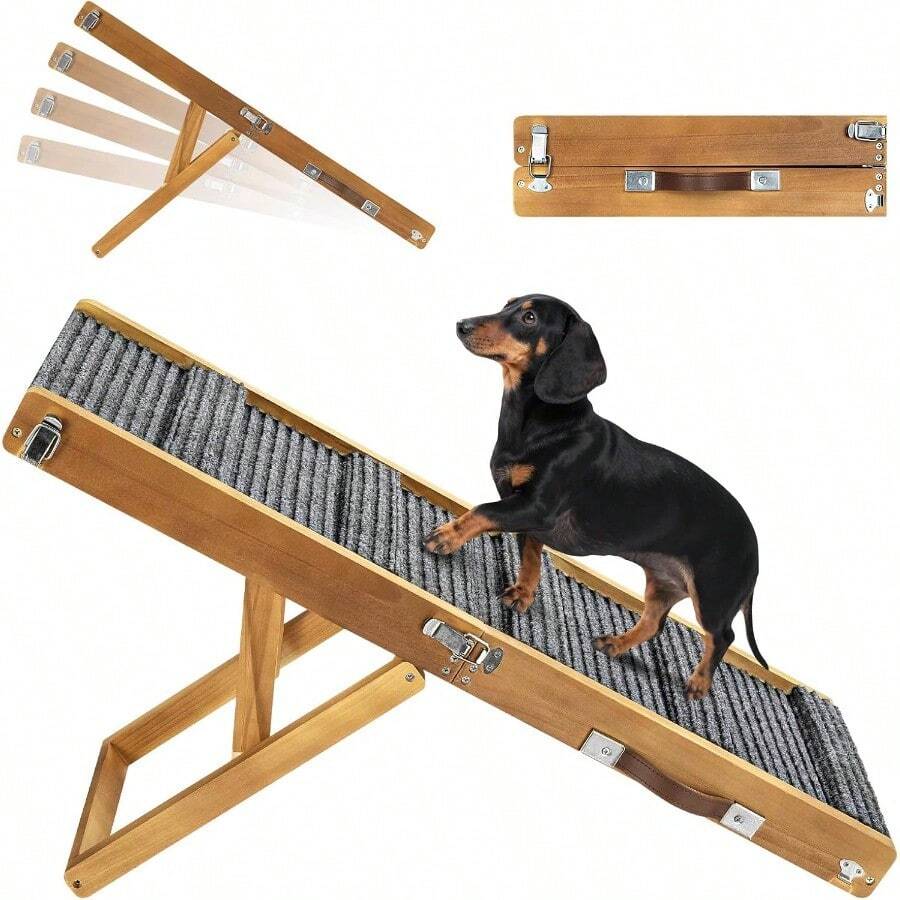 2025 Upgraded Dog Ramp For Couch Foldable Small Dog Ramp For Low Bed 4 Adjustable Height From 13'' To 21" Portable Stable Pet Steps With Non-Slip Pad Pet Ramps Use For Sofa Couch Stairs - Walnut - View 1