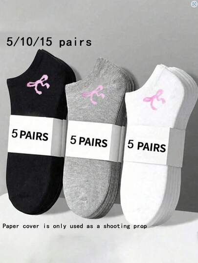 5/10/15 Pairs Unisex Comfortable Versatile Solid Color Black/White/Gray Bowknot Short Socks