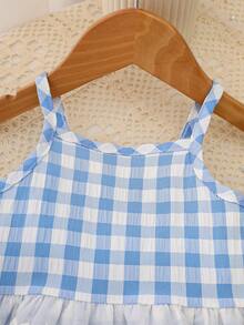 2pcs Toddler Girls' Plaid Ruffle Strap Top + Wide Leg Pants Set, Sweet & Cute Casual Outfit, Suitable For Spring/Summer Outings - Blue - View 3