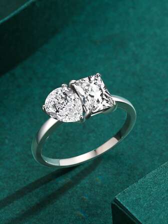 1 pieza Anillo cuadrado y en forma de lágrima de plata de ley 925 con CZ colorido, accesorio de joyería de lujo para bodas para mujeres