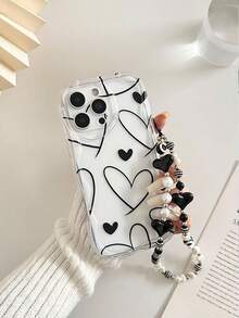 Cream Wavy Edge Glossy Heart Painting Anti-Drop Phone Case With Beaded Bracelet Accessory, Compatible With IPhone, Compatible With Galaxy, Compatible With Redmi,International Version, Not The Domestic Version - Multicolor - View 4