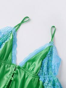 Women's Pajama Sets Lace Patchwork Spaghetti Strap Ruffled Cami Tops With Loose Pants 2Pcs Soft Sleepwear - Green - View 3