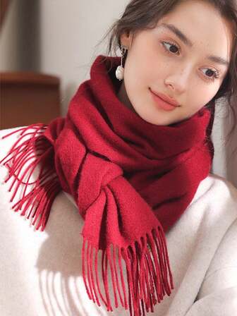 1 pieza 30*180cm Bufanda gruesa y cálida de unicolor con flecos de imitación de lana para mujer, chal envolvente elegante y minimalista adecuado para otoño/invierno, citas, reuniones, regalos de cumpleaños