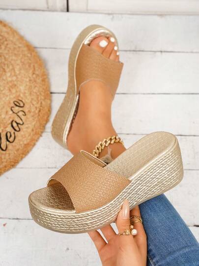 Teenage Girls' Sandals, Lightweight & Comfortable Casual Shoes For Summer, Slip-On Peep Toe Metal Color Woven Embossed Platform Wedge Sandals