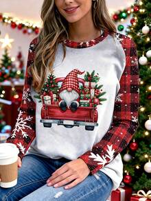 Plus Size Women Christmas Element Printed T-Shirt, Plaid Christmas Tree & Gnome & Snowflake Print Elastic Crew Neck Top, Christmas