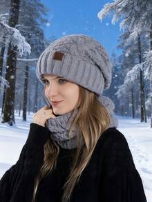 Winter Knitted Hat & Scarf Set, Unisex Warm Knitted Hat With Ear Muffs, Knitted Blend Beanie And Scarf Set For Cold Weather - Khaki - View 2