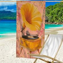 1pc Oversized Microfiber Beach Towel - Vintage Gramophone & Retro 1920s/30s Music Print, Quick-Dry Sand-Large Bath Towel S &, Lightweight Summer Pool, Travel, Camping, Picnic Accessory With Vintage Record Player Design - White - View 8